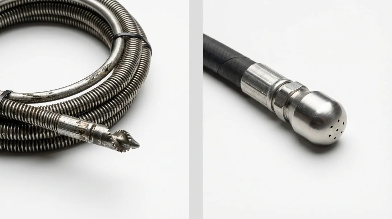 Drain snake cable and hydro jetting nozzle used for drain cleaning in Battle Ground, IN
