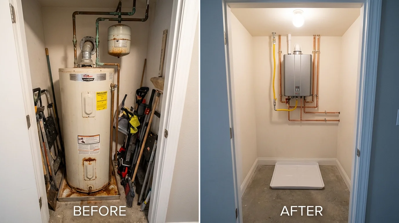 Tank water heater versus wall-mounted tankless unit comparison for Battle Ground, IN homeowners