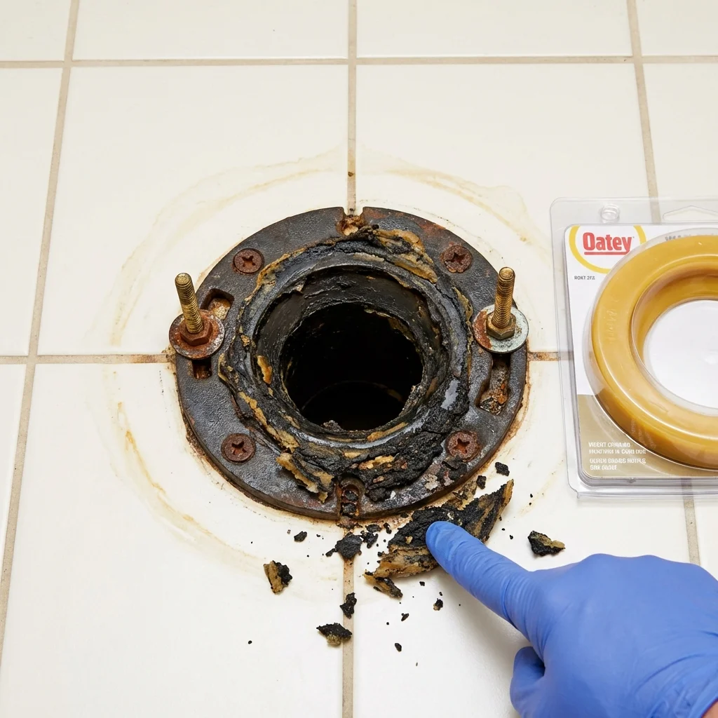 Failed wax ring showing water seepage at the base of a toilet in a Battle Ground, IN home