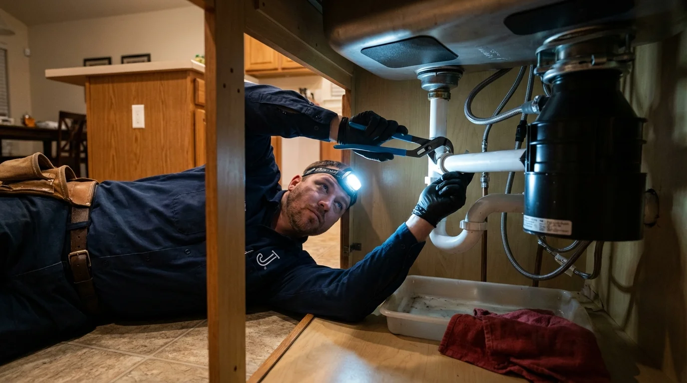 P-trap and supply line connections under a kitchen sink showing a common leak point in Battle Ground, IN